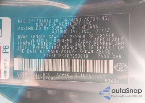 2013 Toyota Camry Le из США, поврежденный, VIN 4T4BF1FK4DR293018